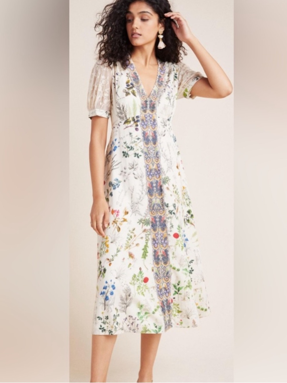 Anthropologie: Cream Botanical Print Women’s Midi Dress